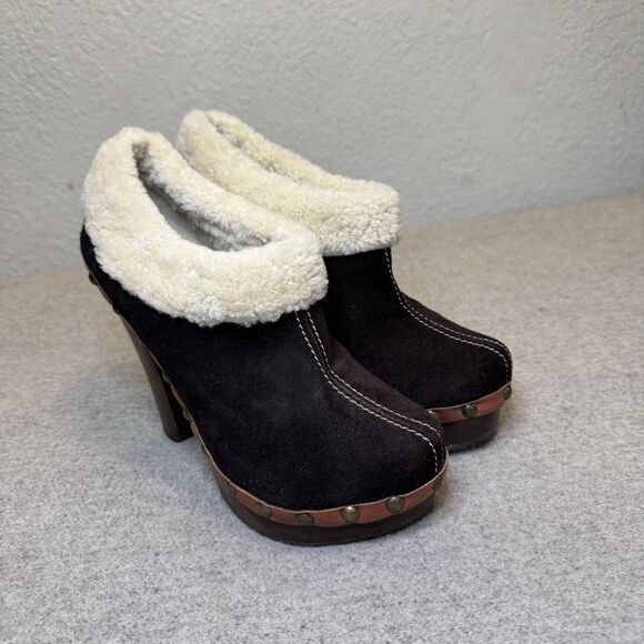 Miu Miu Clogs Women 38.5 Brown Suede Slip On Shearling Designer Retro Bohemian - Picture 1 of 12